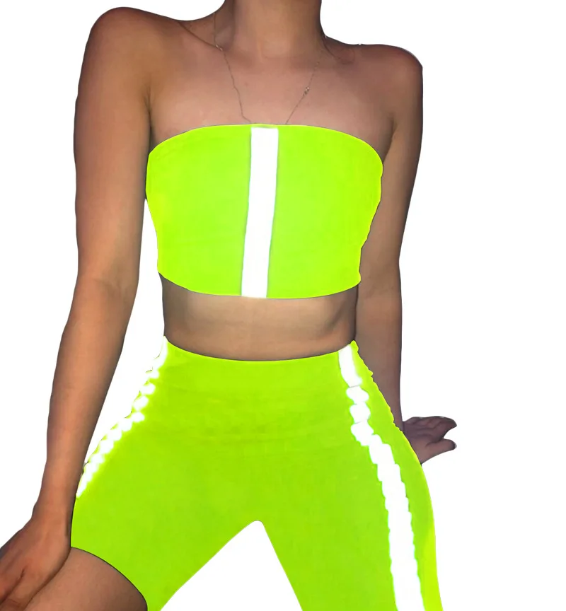 
2020 Women Two Piece Fitness Crop Top And Short Matching Sets Stretchy Neon Reflective Striped Biker Shorts Set Tracksuit 