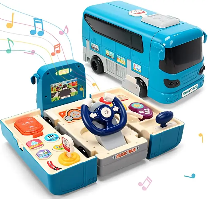 Bus Car Toy Kids Play Vehicle with Sound and Light Simulation Steering Wheel Musical School Bus Toy for Toddler
