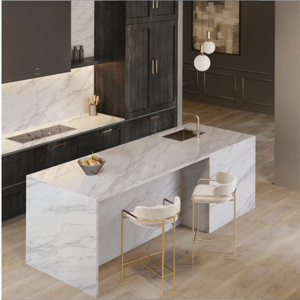 AST OEM/ODM Custom 7009 CalacattaDelicato Printed Quartz Custom Kitchen Island Backsplash Premium Service Quartz Countertops
