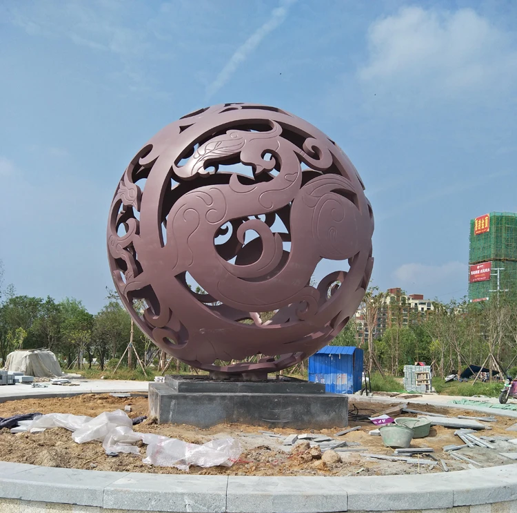 Modern metal art sphere phoenix hollow carving ball statue outdoor landscape display stainless steel garden sculpture