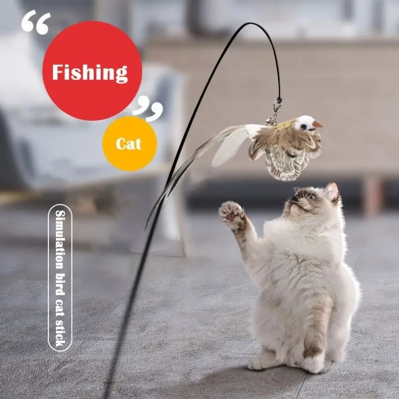 Simulation Bird interactive Cat Toy Funny Feather Bird with Bell Teaser Wand Toy Cat Supplies Cat Stick Toy for Kitten Playing