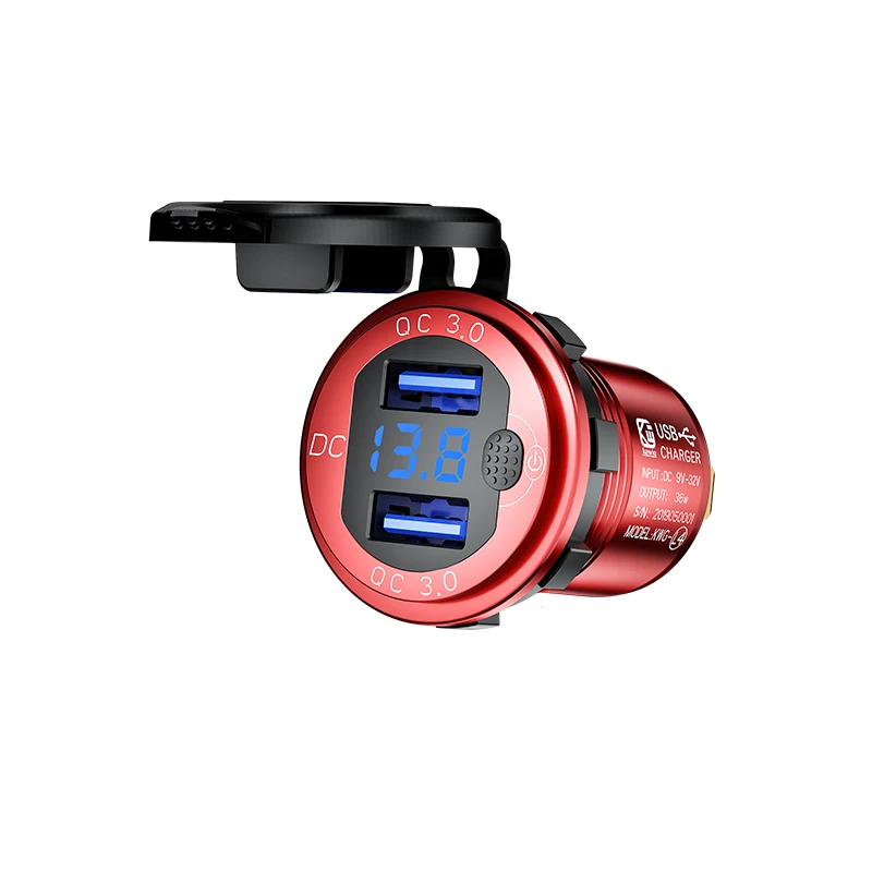 12V/24V Waterproof Dual QC3.0 USB Car Charger socket with LED Digital Voltmeter and ON-OFF switch