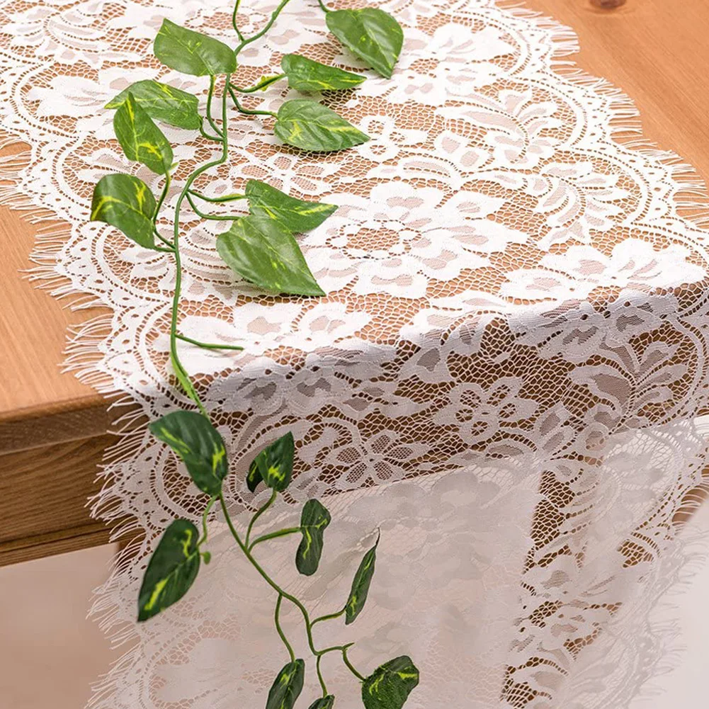 11*118 inch Thanksgiving White Classy Embroidered Reception Decor Rose Floral Netting Lace Table Runner