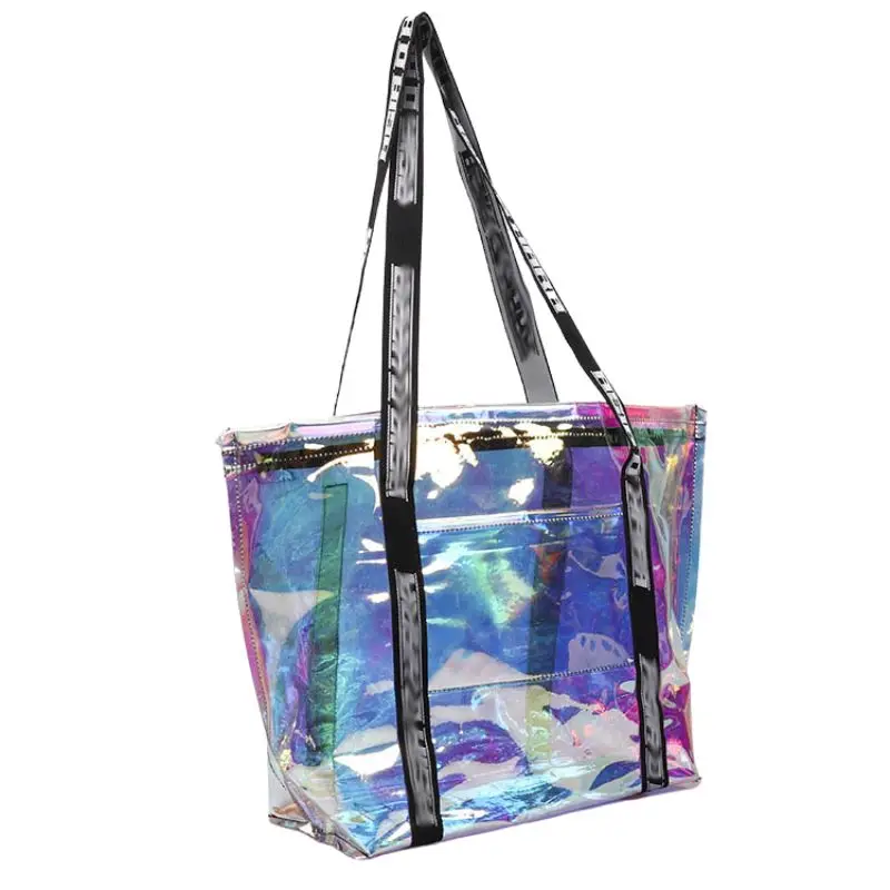 Custom Logo Rainbow Transparent Laser Tote Bag Waterproof PVC Ladies Tote Bag Shopping Bag