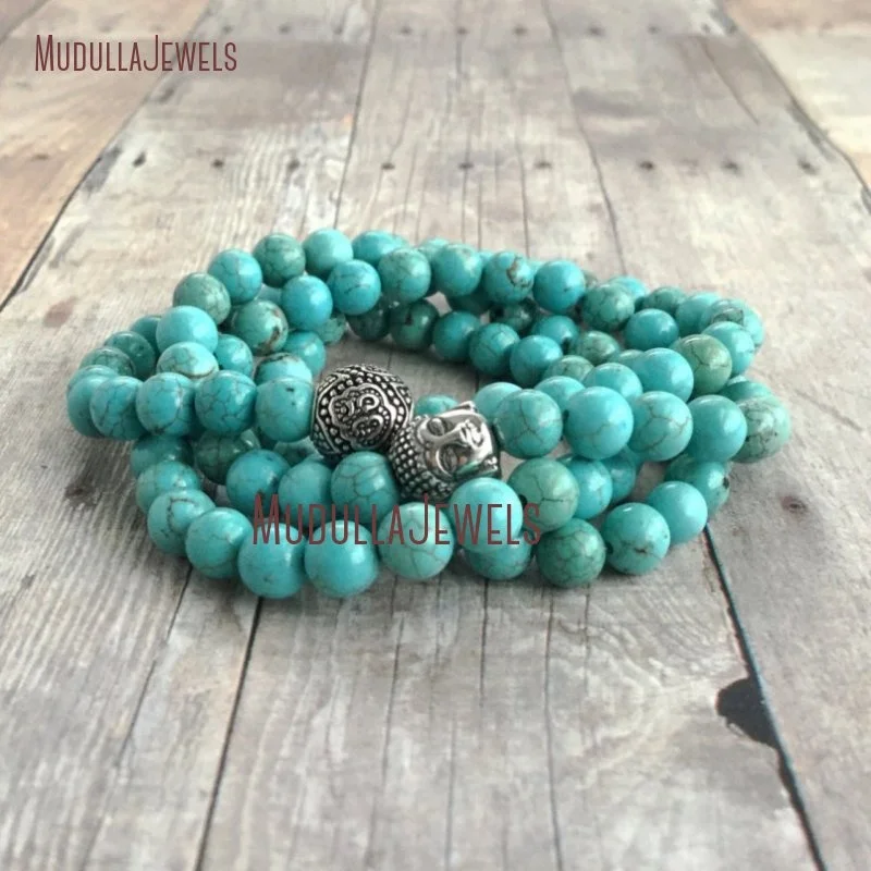 WMB18357 African Opal Beads Yoga Jewelry Mala Necklace Sterling Silver OM Buddha Wrap Bracelet 108 Mala Gemstone Prayer Beads