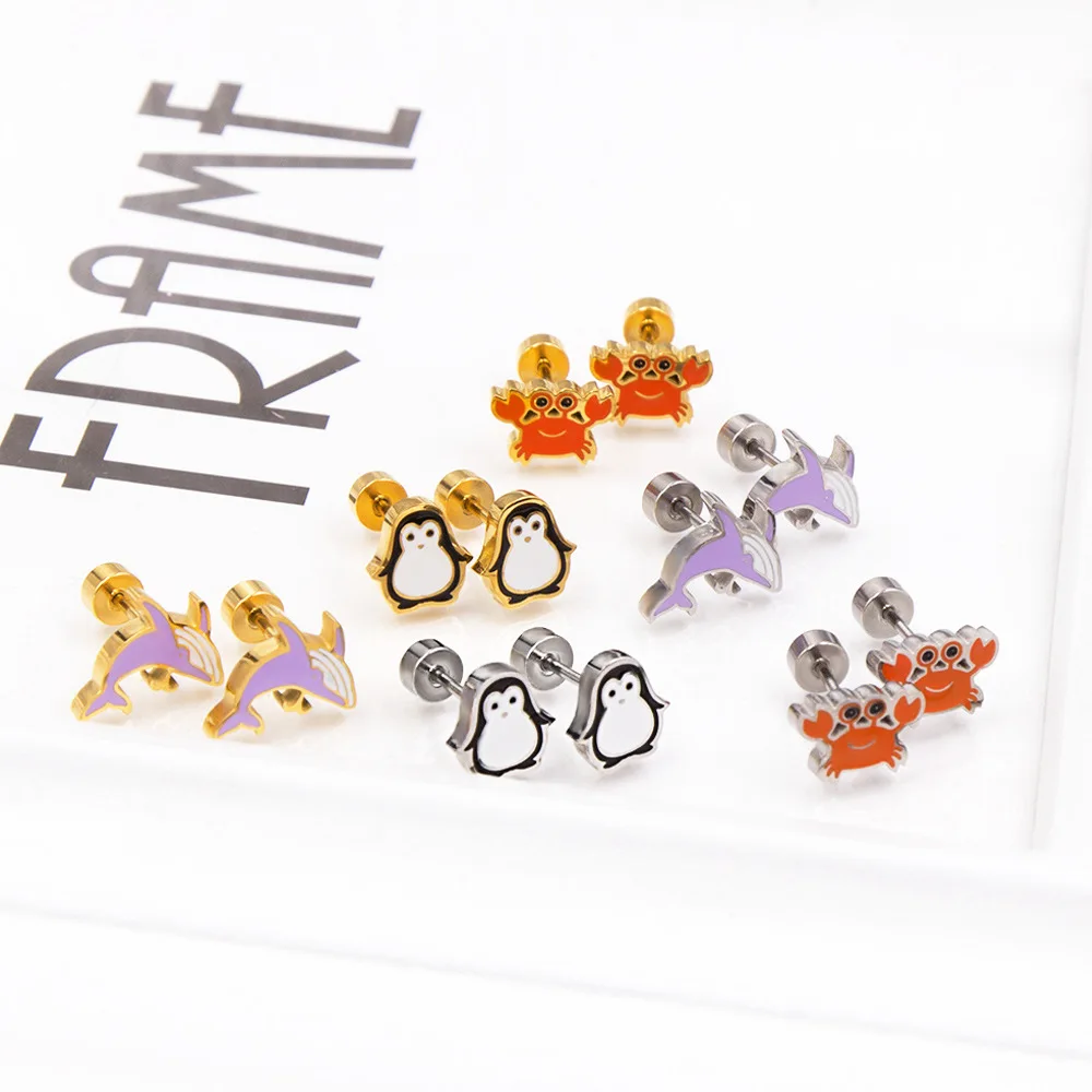 2022 Earrings Women Trendy Stainless Steel 18K Gold Plated Crabs Penguins Dolphins Cute Kids Stud Earrings