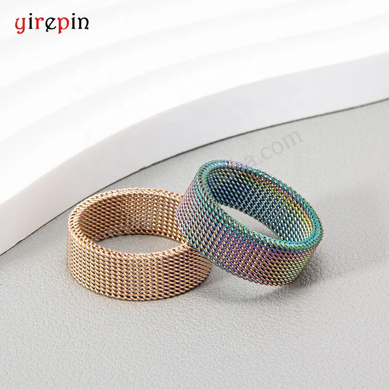 Wholesale Fashion Stainless Steel 18k Gold Plated 8mm Wide Mesh Ring Simple Grid Weaving Zipper Chain Enamel Ring