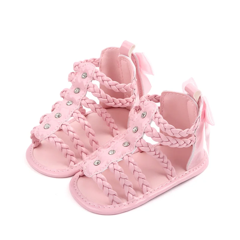 Summer Roman woven twine bow decorated solid color princess toddler sandals for baby girls
