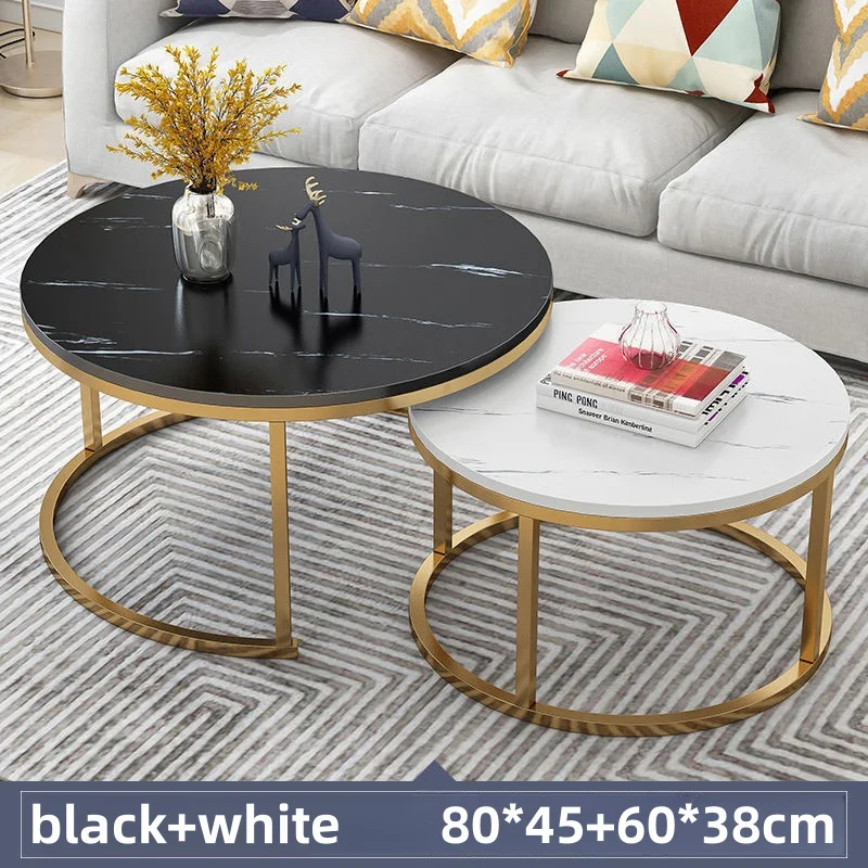 Golden Frame Round Wood Nesting Coffee Table Set of 2 for Living Room Bedroom Wood Coffee Tables with Sturdy Metal Frame