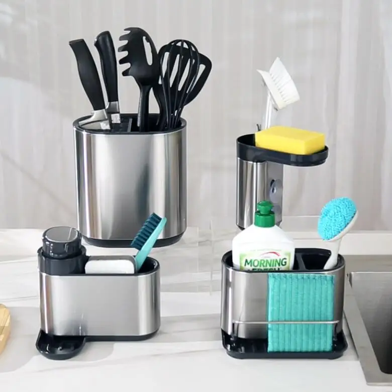 Kitchen Sink Organizer Sponge Holder Soap Dispenser Scrubber Drainer Dishwashing Accessories Sink Caddy With Drain Tray