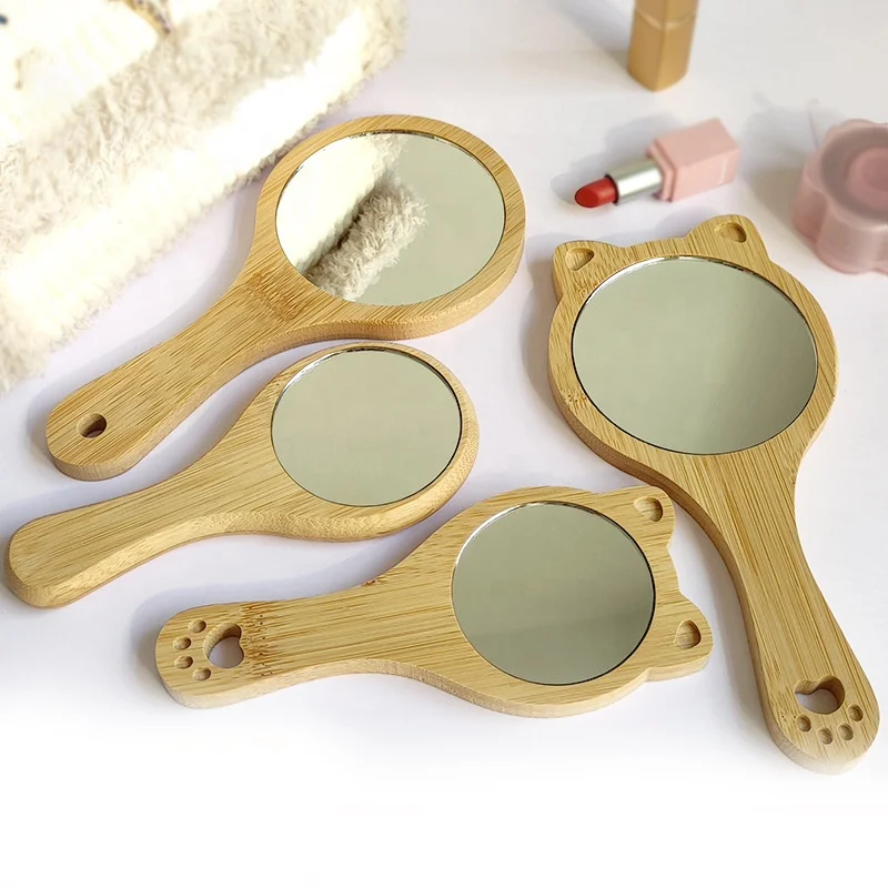 Manufacturer cosmetic beauty tools salon use cat shape hand held wooden makeup  mirror with handle