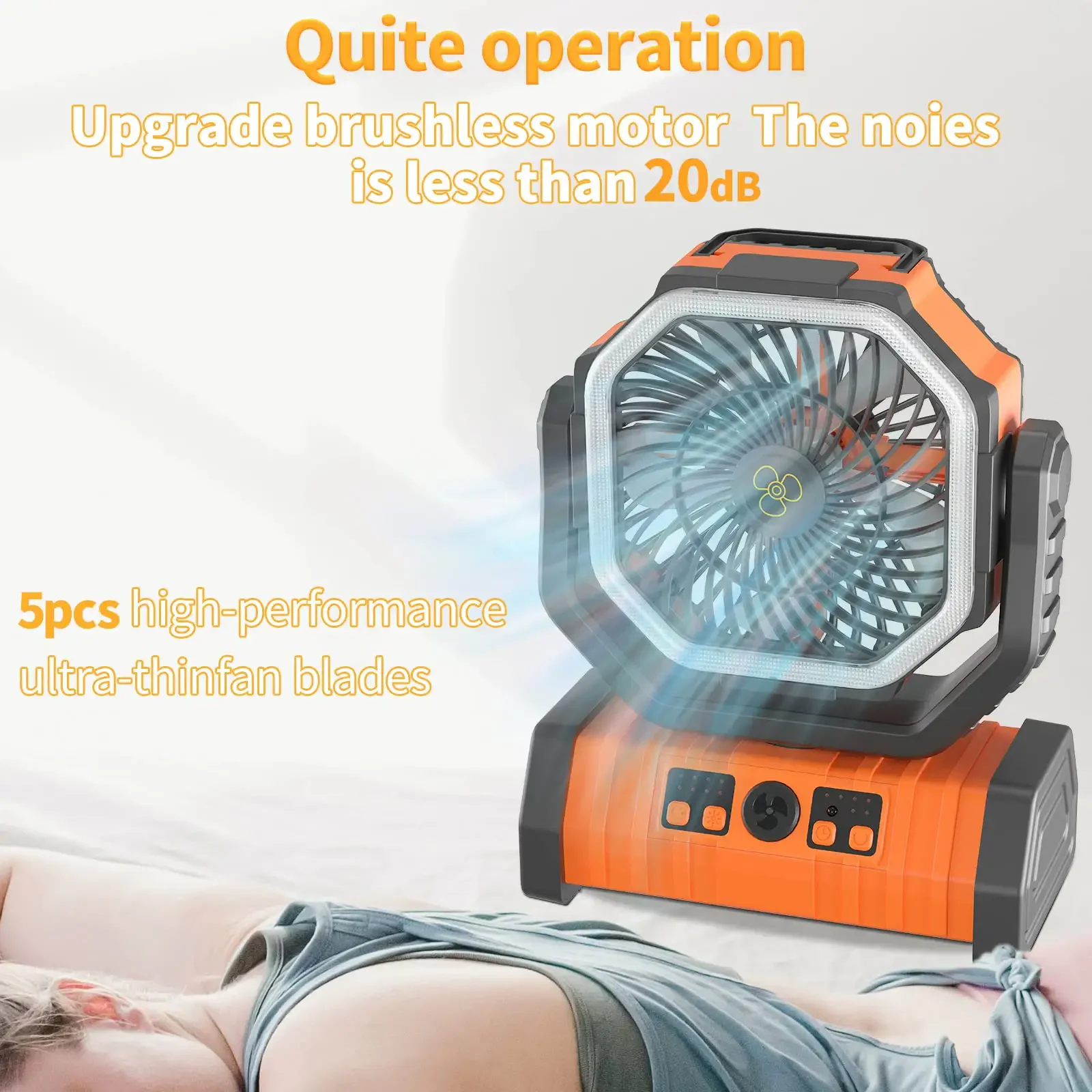 Portable 20000mah Fans Battery Operated Outdoor Usb Rechargeable Desk Fan Camping Fan With Led Lamp