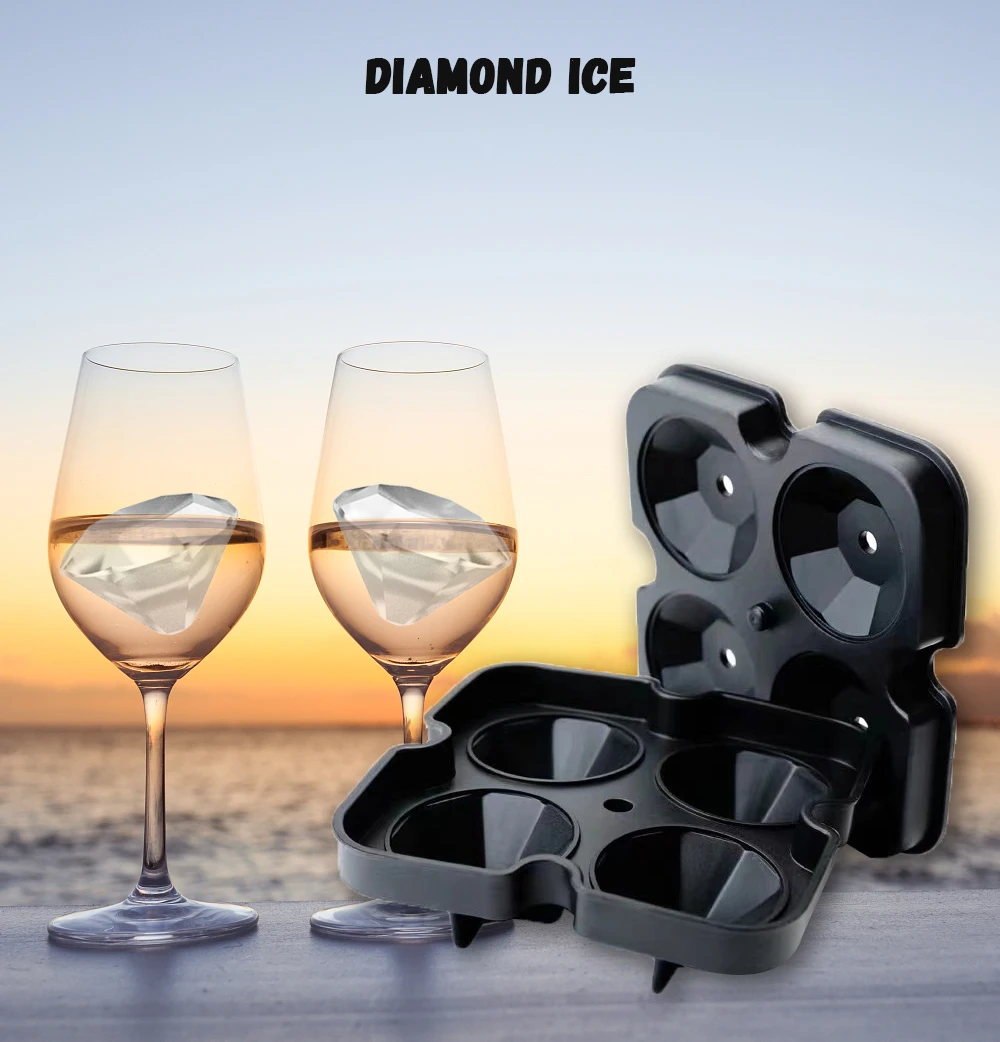 Amazon Hot Selling  Diamond Silicone Ice Cube Mold  4 Cavities Soft  Ice Cube Maker Tray with Cover