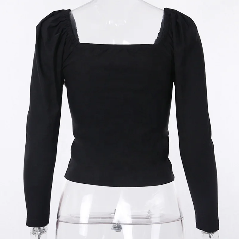 Girl  long sleeve casual blouse 2019 autumn puff design black tops