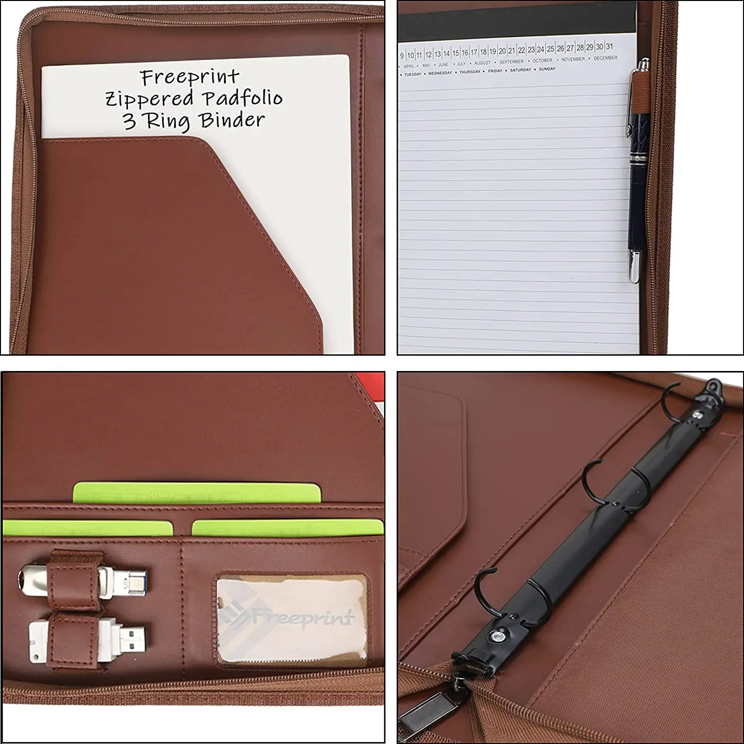Zippered Portfolio 3 Ring Binder Organizer with Writing Pad Legal Size Letter - PU Leather Padfolio Document Organizer