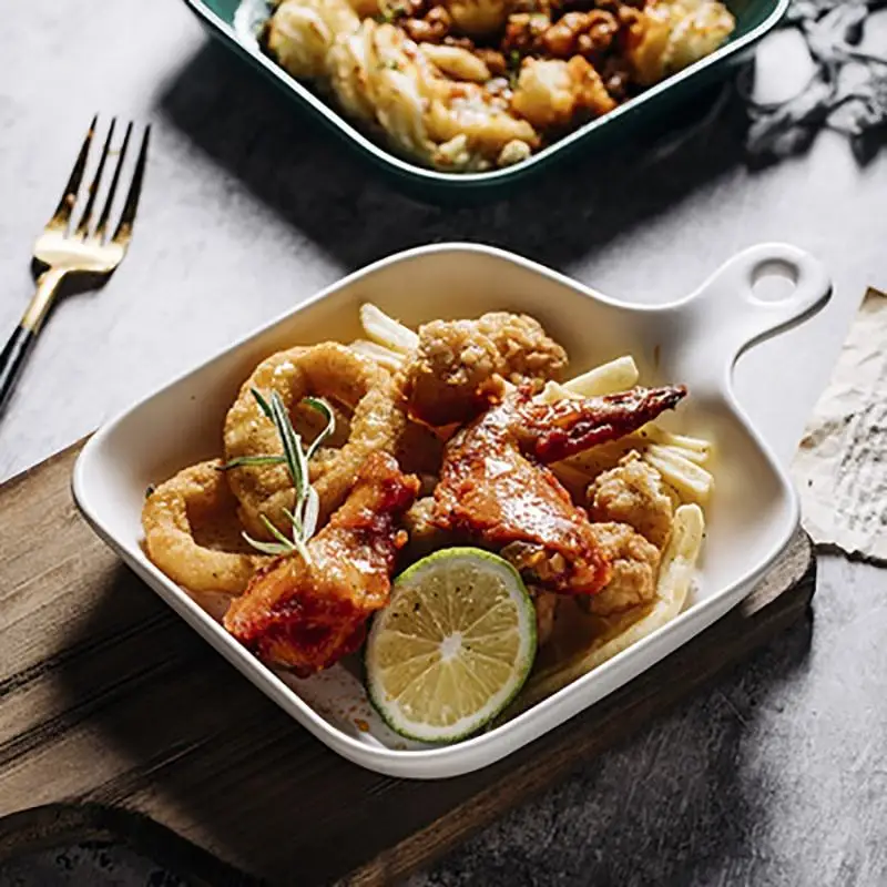 Nordic Breakfast Western Dish Square Baking Handle Porcelain High Quality Ceramic Plates