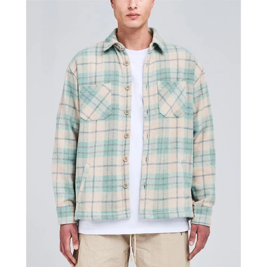Premium long sleeve check heavy polyester cotton custom oversized mens double pocket plaid flannel shirts men