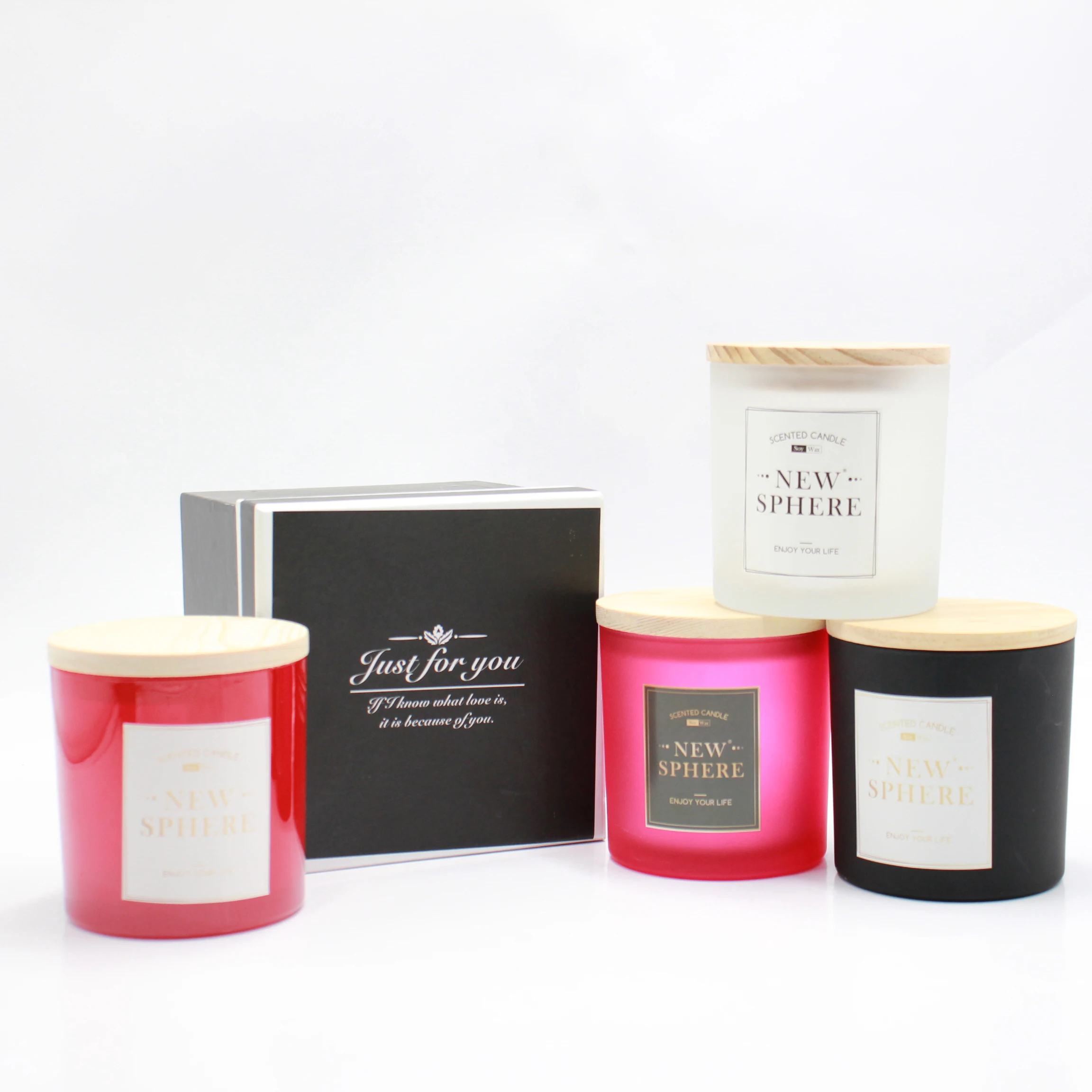 12oz Bolk Custom Morden Frosted White Red New Design Black Glass Wooden Jar Candle Luxury Metal Lids