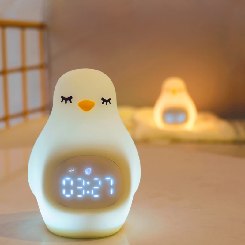 Amazon Best Selling Cartoon Penguin Rechargeable children kids sleep trainer alarm clock night light