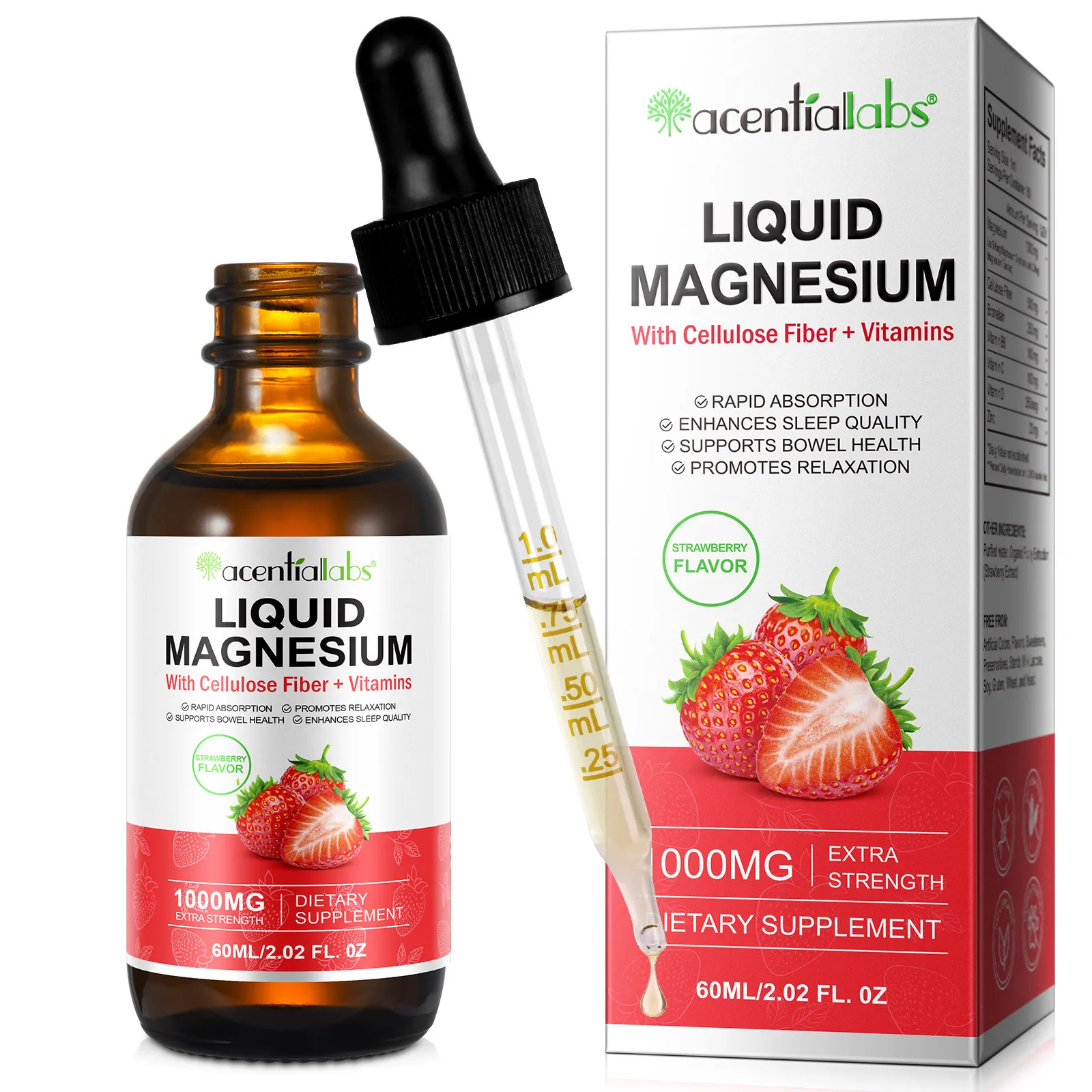 Acentiallabs cellulose fiber vitamins supports bowel health 60ml magnesium glycinate supplement liquid drops magnesium glycinate