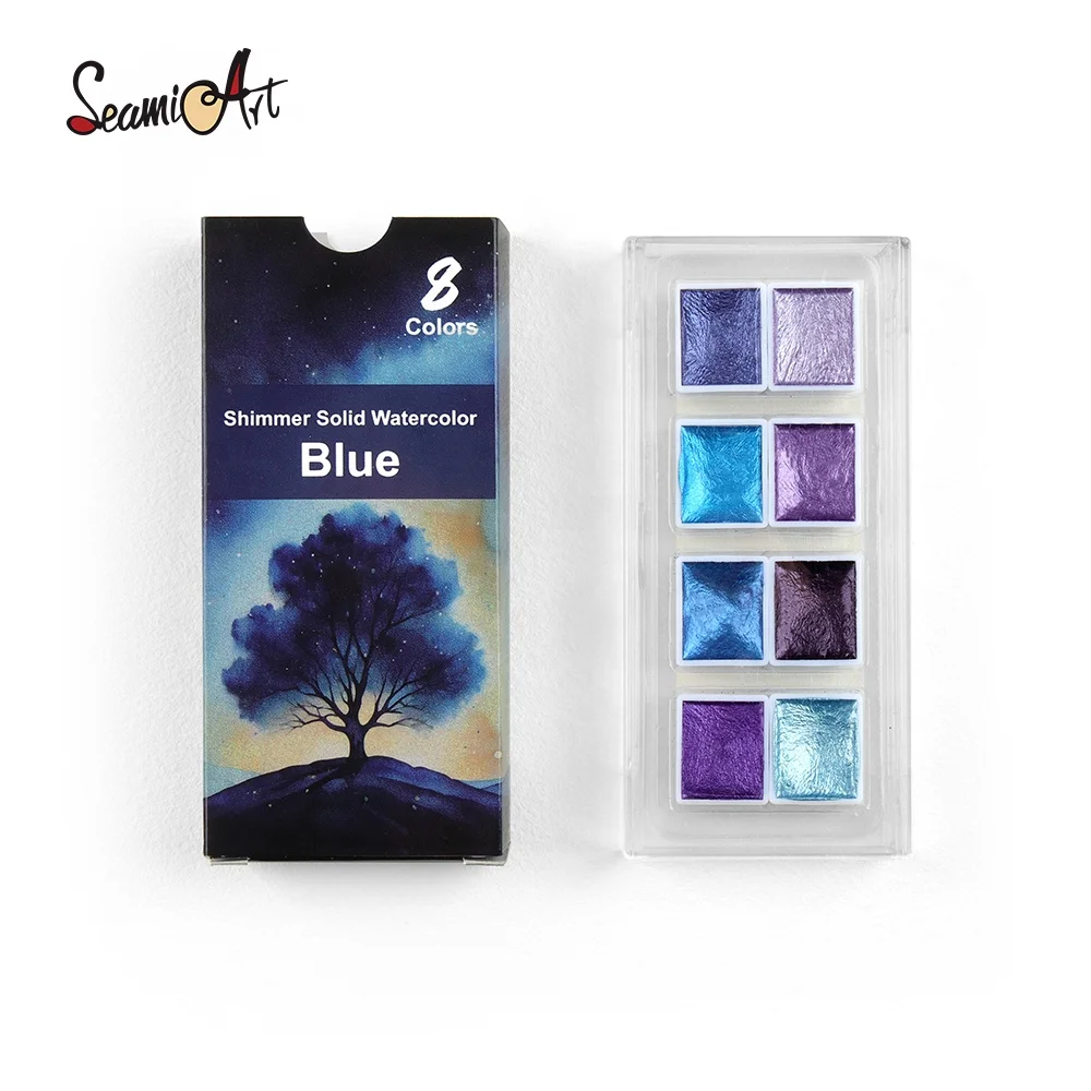 8color metallic blue purple scheme shimmer solid watercolor paint artist portable half pan set acuarelas aquarela