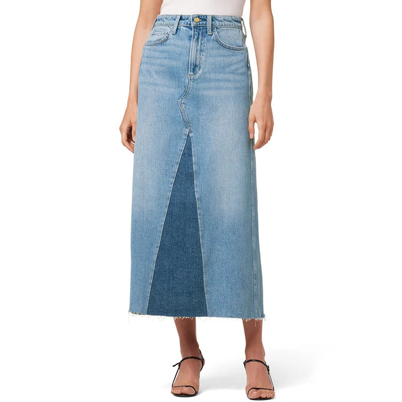 Custom Made Breathable Two Tone Patch Calf Length A-line High Waist Denim Maxi Jean Skirt For Women