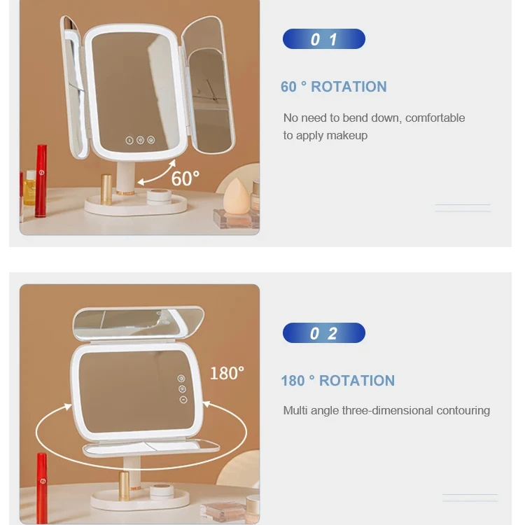 Trifold Makeup Mirror Rechargeable 5000mAh Battery Led Touch Switch Smart Cosmetic Mirrors With Led Lights Miroir De Maquillage