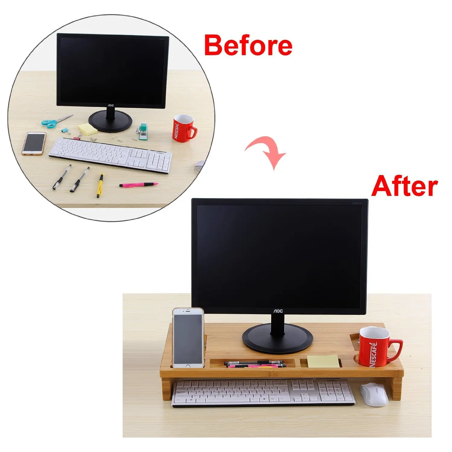 Wholesale Office Accessories Bamboo Desk Organizer with Tablet Phone Holder Monitor Stand Riser