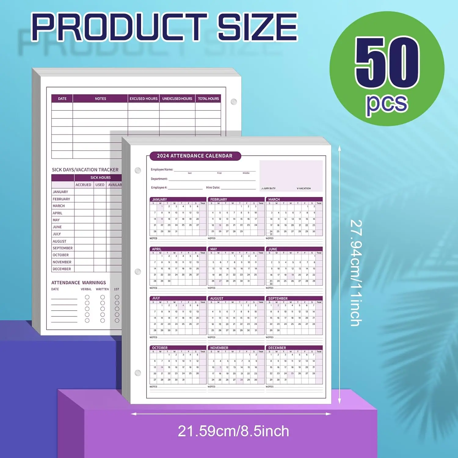 Attendance Calendar Employee Card Attendance Record Tracker Cardstock Paper 8.5 x 11 inches