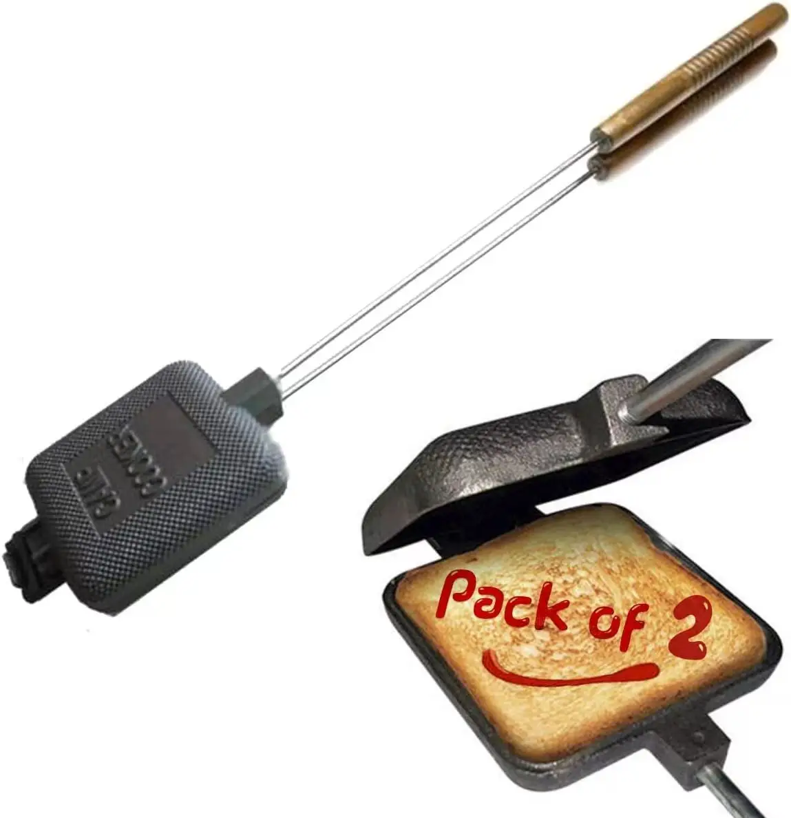 Cast Iron Jaffle Iron Sandwich Waffle Pie Maker with Long Wood Handle Stove Top Bread Tongs Outdoor Bakeware Camp Cooker