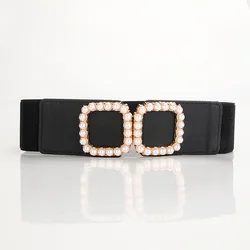 Pearls Square Buckle Belts for Women Adjustable Elastic Waist Belts Ladies Waistband for Jeans