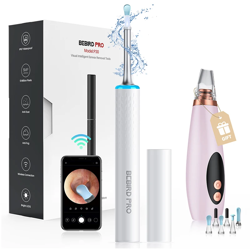 [US Only Limited Promotion][White] P30 smart visual ear wax removal cleaner set with HD waterproof camera kit with a free gift