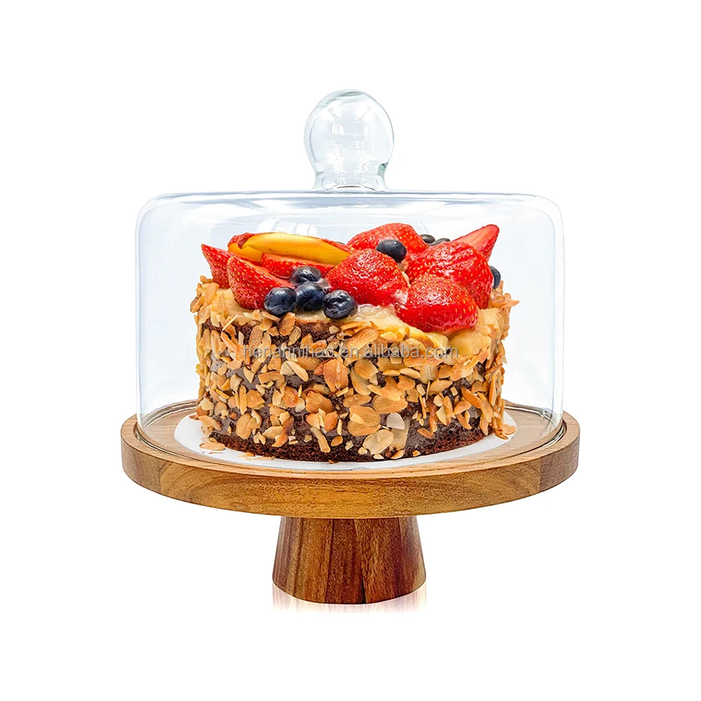 Wood Cake Stand with Lid, Footed Round Cake Container, Serving Storage Tray