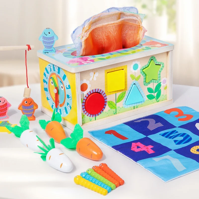Wooden Multifunction Tissue Box Shape Matching Toy Carrot Harvest Game Kids Montessori Early Educational Toys for Baby Toddlers