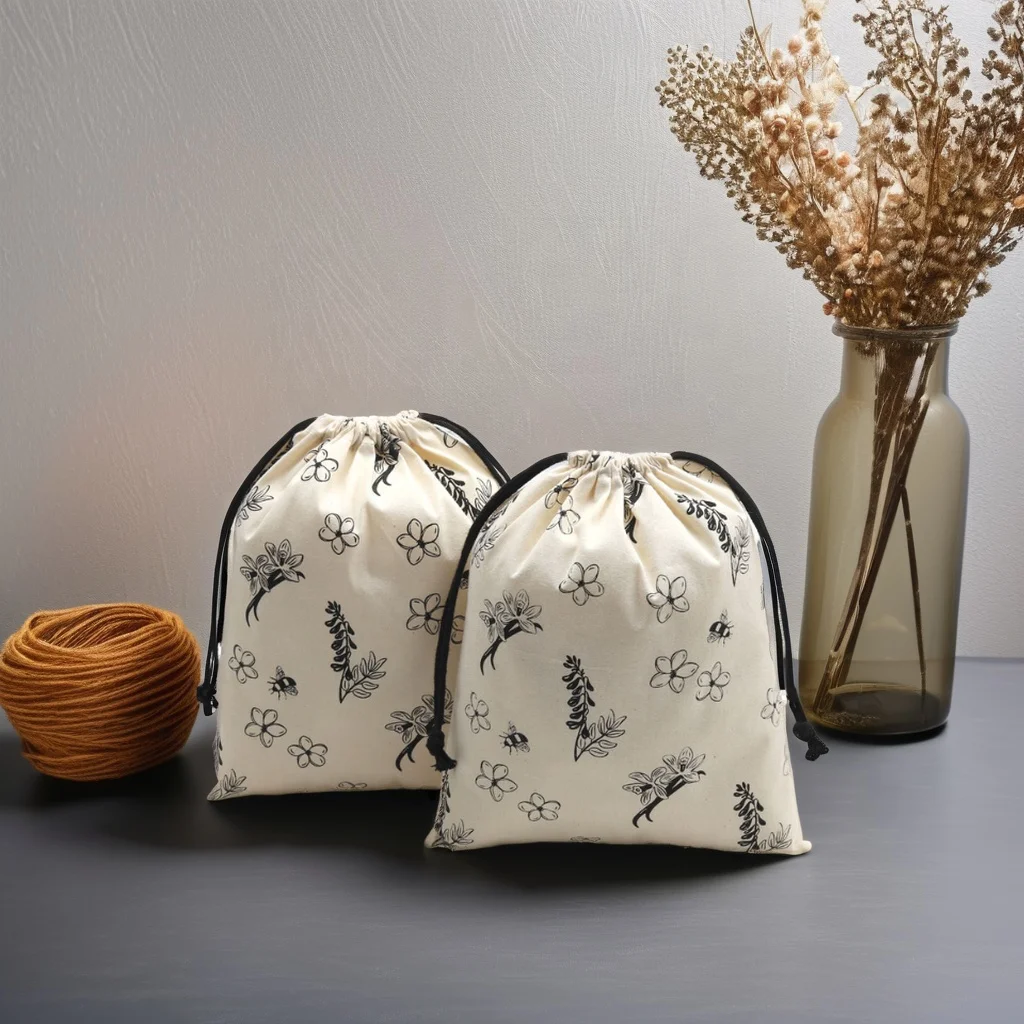 Custom Logo Printed Natural Cotton Muslin Drawstring Bag For Skincare Product Organic 100% Cotton Gift Packing Pouch