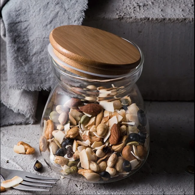 High borosilicate clear glass jar with wooden lid for honey