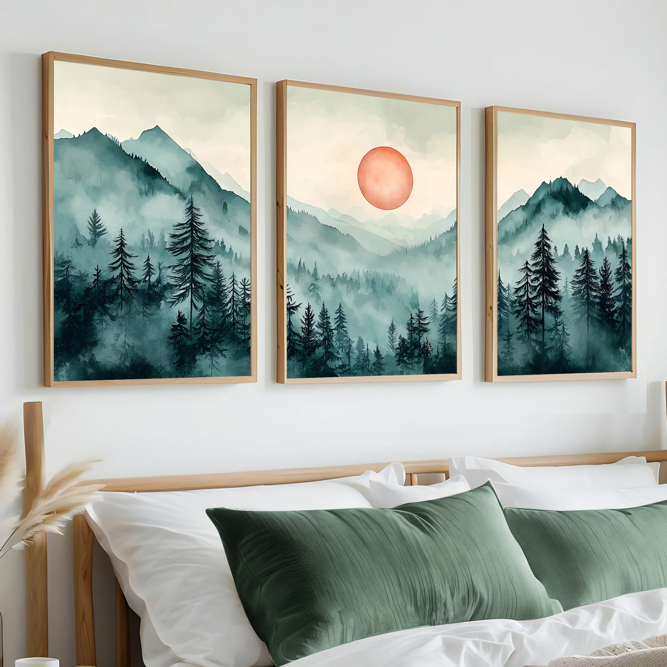 New Custom SpringVitality Green Woods Mountains Water Sun Frame Canvas Poster and Picture for Wall Art Decoration