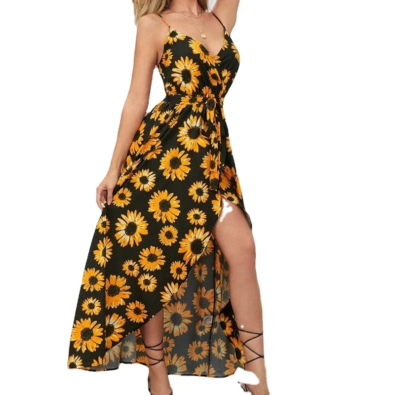 Sling Ladies Summer Dress Printed V-Neck Backless Long Dress Sunflower Printed 2022 Fashion Factory Wholesale Long Dress