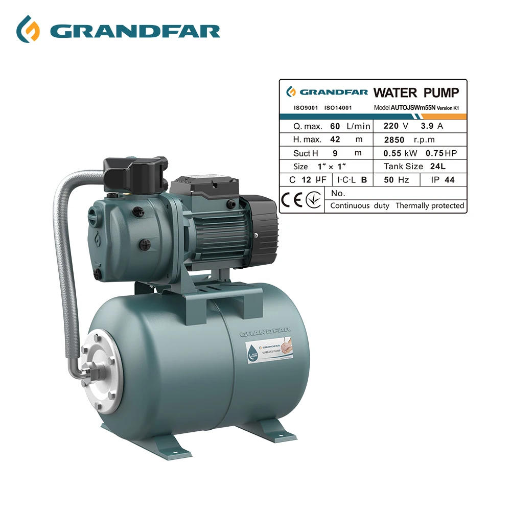 GRANDFAR 220V 50Hz 0.75HP 0.55kw Automatic JET Water Pumps With Pressure Tank Household Jet Pump Station