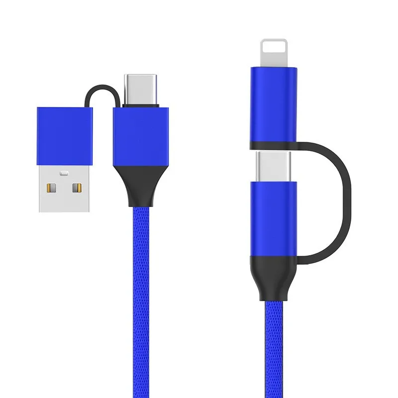 Multi Charging Cable 4 In 1 USB Cable A To L Type-C Flat Braided 60W Fast Charging Data Sync Charger Cord