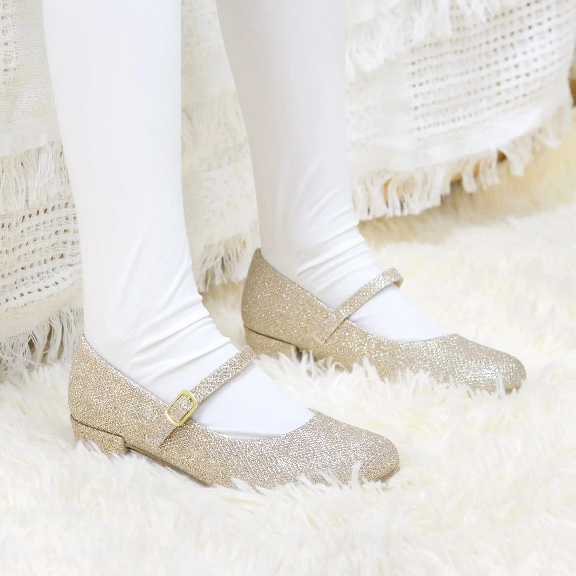 Custom Gold Glitter School Princess Wedding Party Dress Little Girls Low Heel Mary Jane Flats Shoes