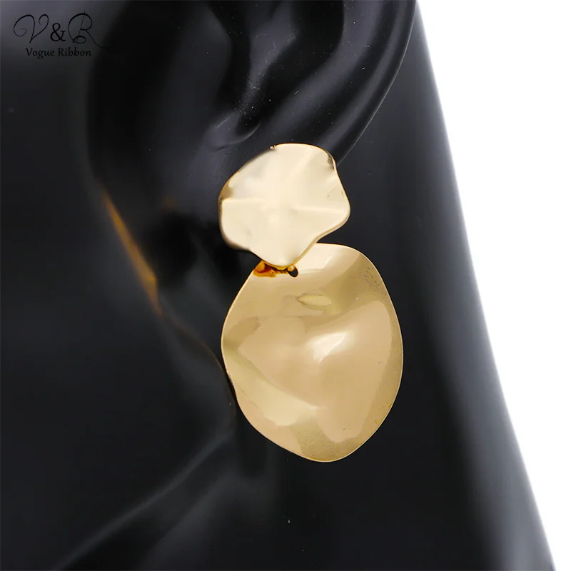V&R Gold Plated Geometric Wave Hammered Textured Metal Plate Drop Dangle Earring for Women