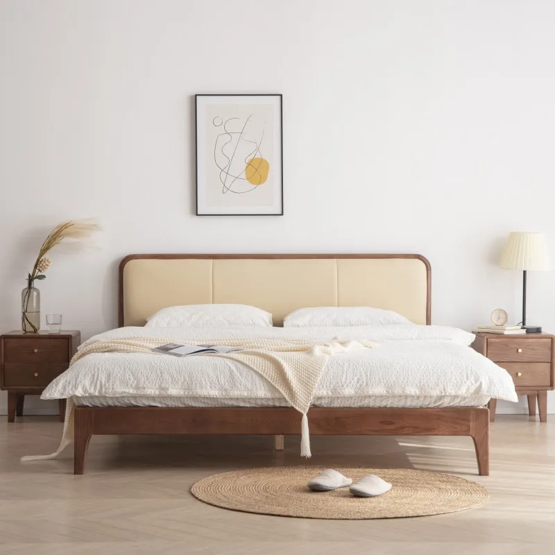 Modern Style Nordic Bed  Solid Wood Home King Bed Minimal Design Wooden Bed