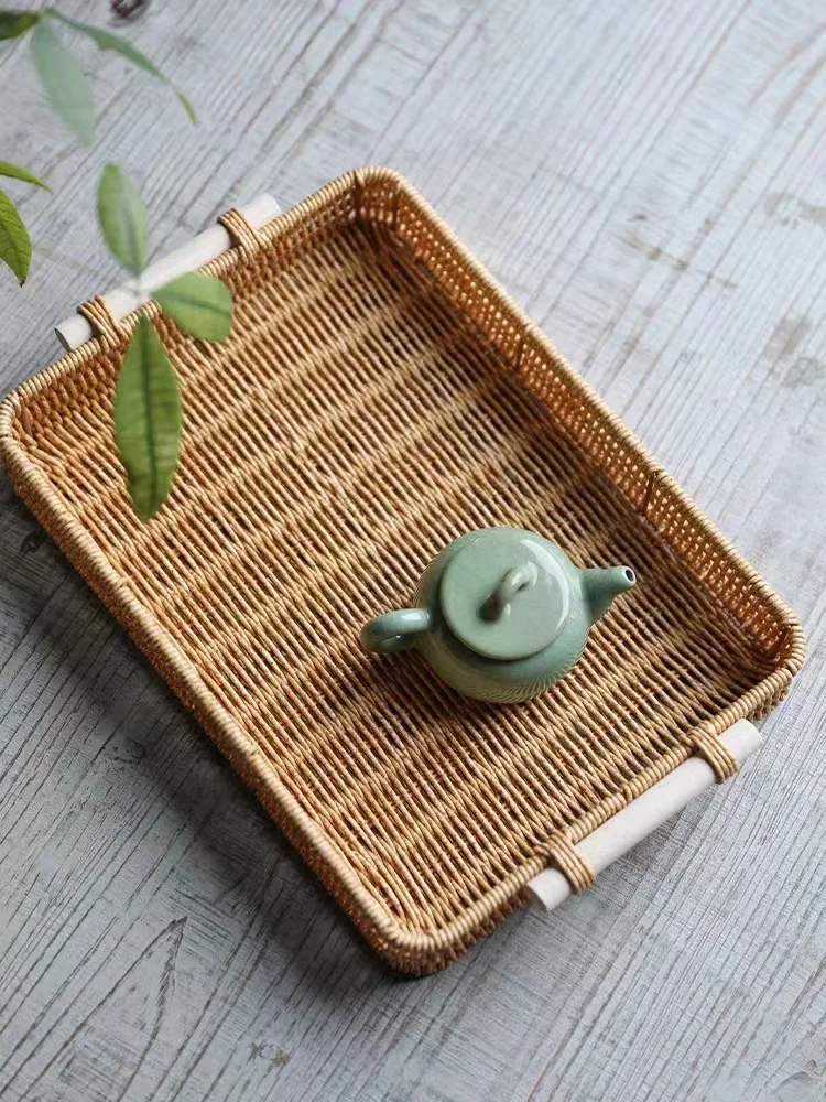 Hot Square  Woven Fruit Storage Basket Plastic Food Container Rattan Serving Tray Good Quality Rectangle Decoration for Home