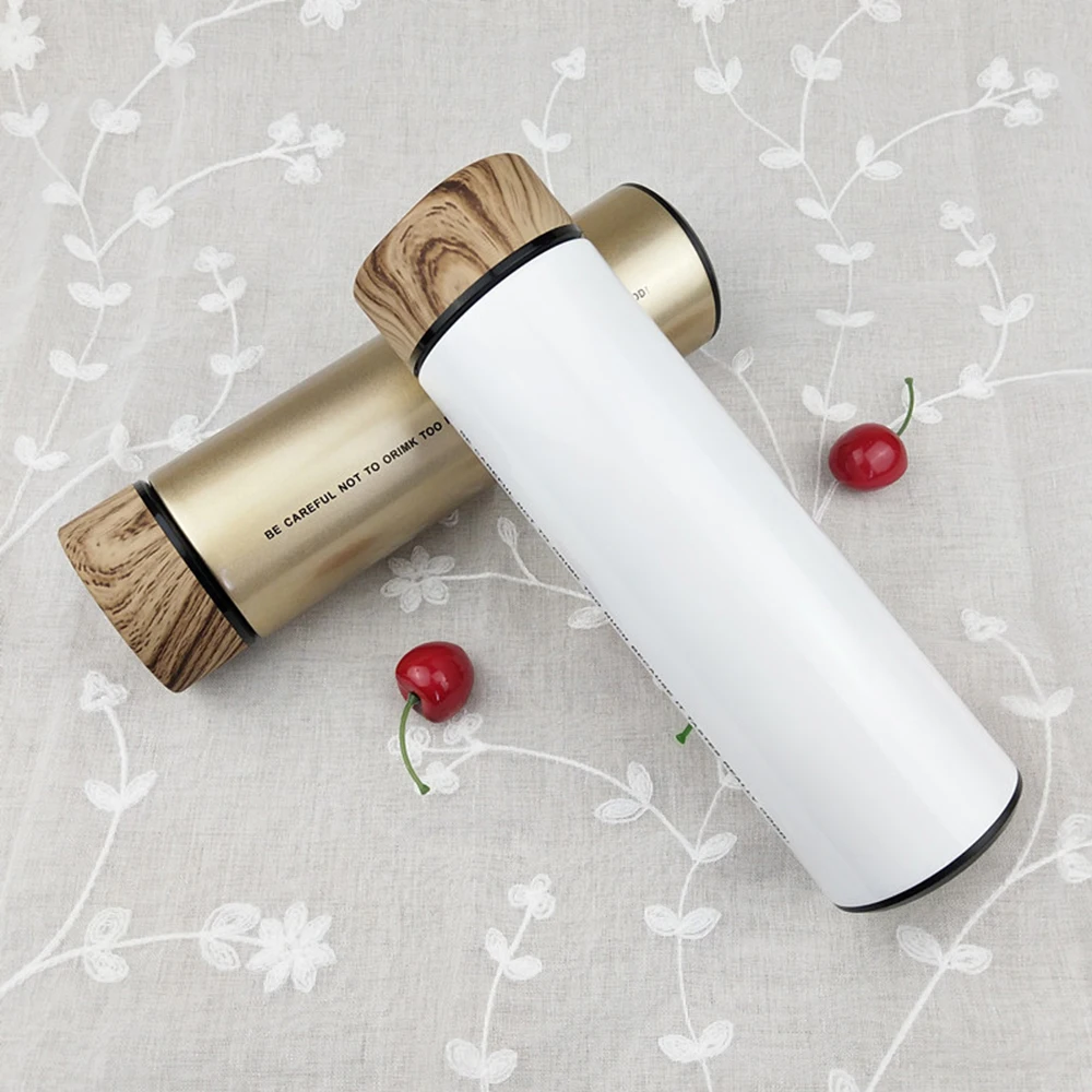 Stainless Steel  Water Bottle Double Wall  Insulated Vacuum Flask Thermal cup with Tea Infuser Wood Grain Lid Thermos bottle