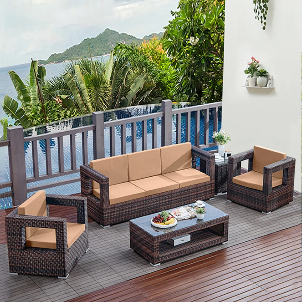 Outdoor Rattan Furniture Set 4-Seater Sea Sofa with Fabric Garden Sofas for Hotels