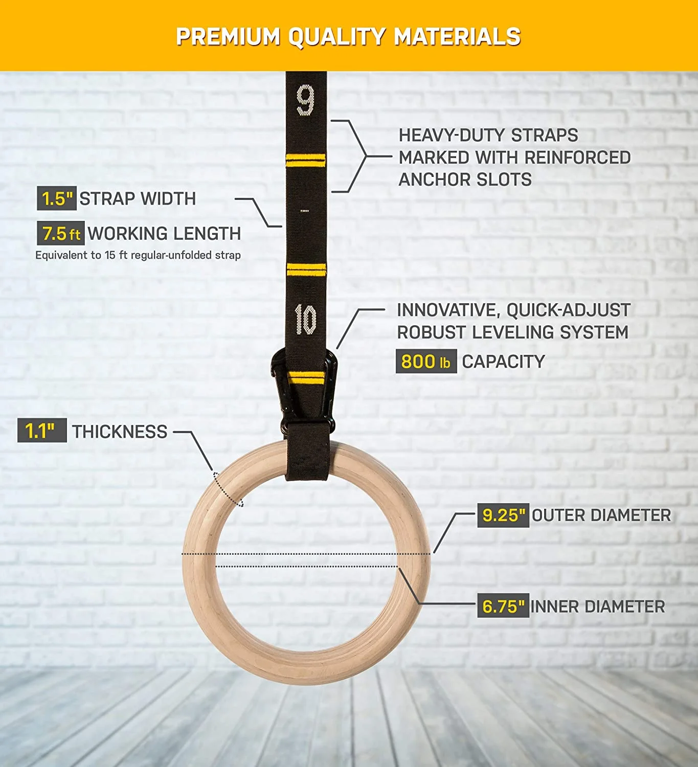 32mm Amazon hot sale Fitness Strength Training High Quality Wooden Gymnastic Ring Wood with Adjustable Scale Nylon straps