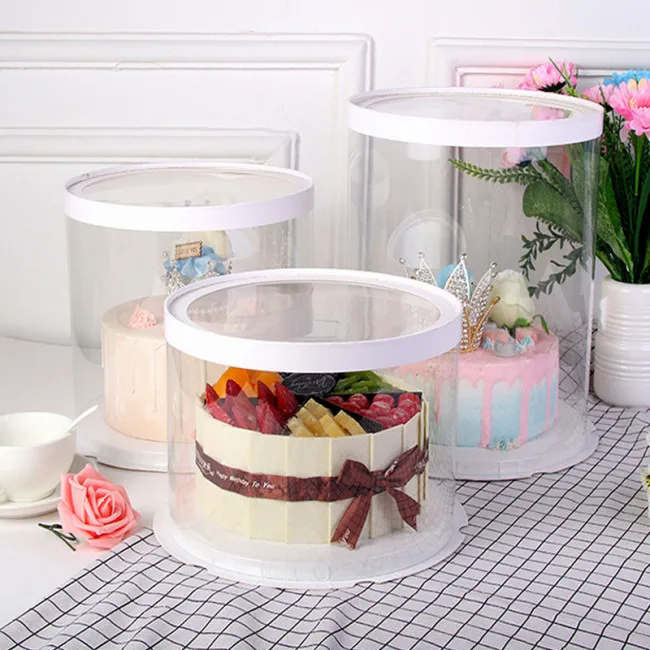 Food grade Pet Round Wedding Cake Boxes8'10'12' Pet Plastic Clear Gold Birthday Cake Box with ribbon