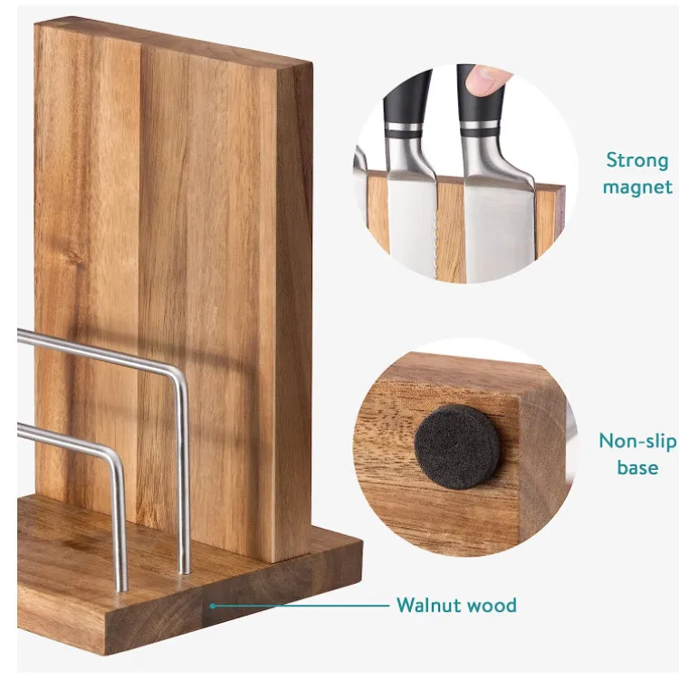 Magnetic Knife Block Without Knives Acacia Wood Stand For Kitchen Counter Space Saving Storage Knife Block