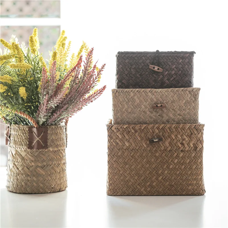 Rectangular Storage Baskets Sea Grass Eco Material Natural Rattan Straw Friendly Home Decoration Daily Cosmetics Baskets